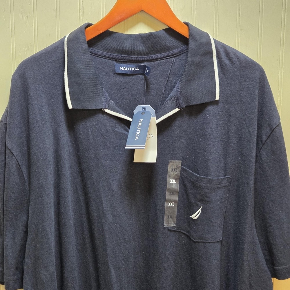 Nautica Polo Shirt Mens 2XL Blue Solid Linen Cotton Pocket Knit Casual Top